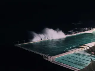 Gulls stand on a wet breakwater.