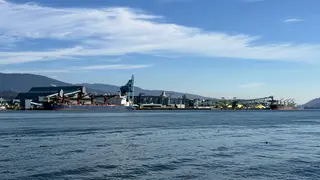 An industrial waterfront with cargo ships, cranes, and conveyor structures stretches beneath a blue sky and forested mountains.